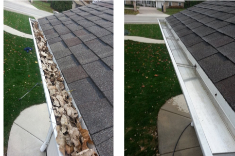 Before and after comparison of gutter cleaning on a roofline