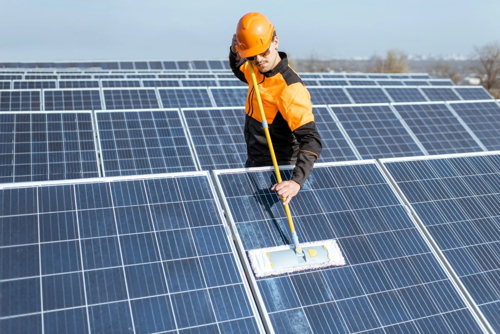 Technician cleaning rows of solar panels